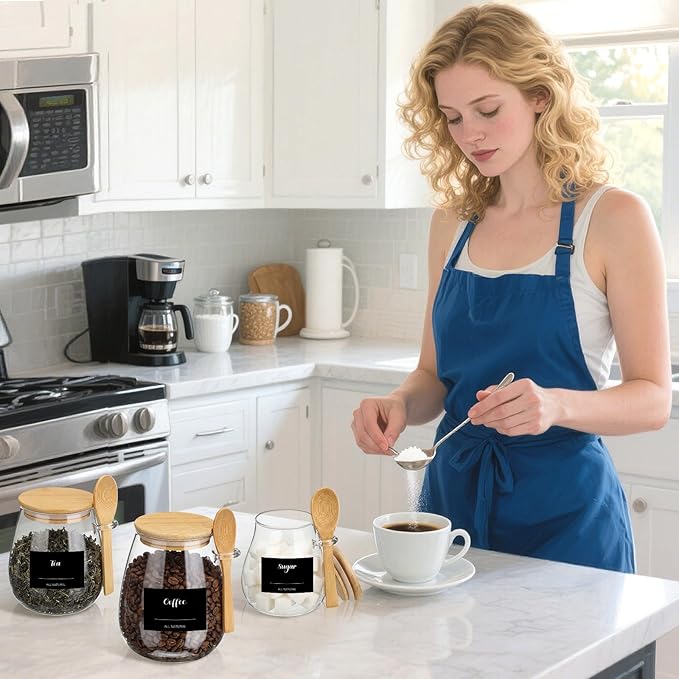 Suclain 3 Pcs Glass Coffee Container with Wooden Lid Spoon Tray Shelf Labels Clear Airtight Glass Jar Storage Container Set for Coffee Beans Tea Leaves Grains Dried Fruits Sugar Spice (16oz 28oz 38oz)