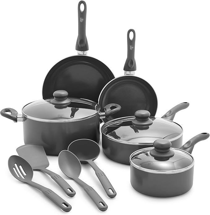 GreenLife Essentials 12 Piece Cookware Set, PFAS-Free Ceramic Nonstick Pots & Pans, Induction Ready for All Cooktops, Kitchen Cooking & Serving Utensils, Dishwasher Safe, Charcoal Gray