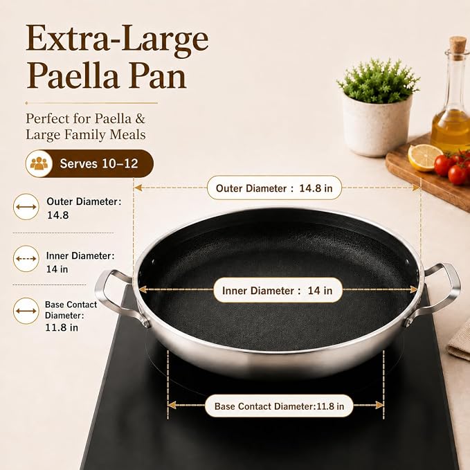 DELARLO Paella Pan 14 Inch Tri-Ply Stainless Steel Paella Pan with Lid Nonstick Frying Pan, Hybrid Induction Large Skillets,Great for Paella Parties Indoors Outdoors,Heavy Duty Style