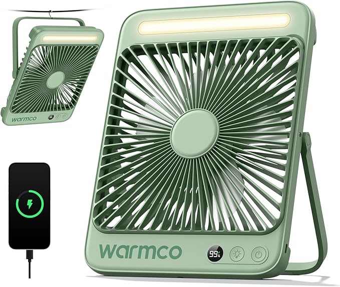 Warmco 20000mAh Battery Powered Fan, 8-Inch Ultra-Slim Portable Camping Fan with LED Lantern, Up to 48H Runtime Rechargeable Desk Fan for Bedroom, Outdoor, Tent, Travel, Cruise Ship Essentials