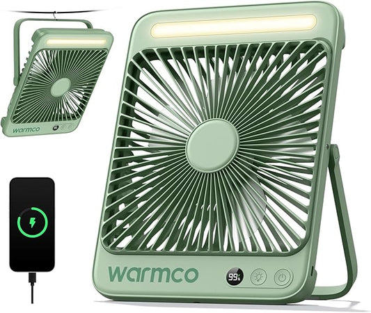 Warmco 20000mAh Battery Powered Fan, 8-Inch Ultra-Slim Portable Camping Fan with LED Lantern, Up to 48H Runtime Rechargeable Desk Fan for Bedroom, Outdoor, Tent, Travel, Cruise Ship Essentials