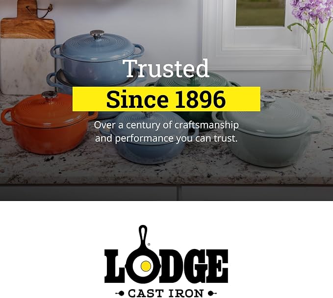 Lodge Essential Enamel Cast Iron Dutch Oven 6 Quarts - Perfect for Bread Baking, Braising, Marinating & Slow Cooking, Features Moisture-Sealing Lid & Dual Handles, Kitchen Essentials, Indigo