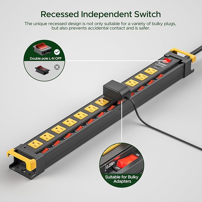 12 Outlet Long Heavy Duty Power Strip with Individual Switches,3300J Surge Protector Metal Power Strip,Wide Spaced,6Ft Cord Managment for School,Garage,Office,Workbench,ETL Listed(15A/1875W)