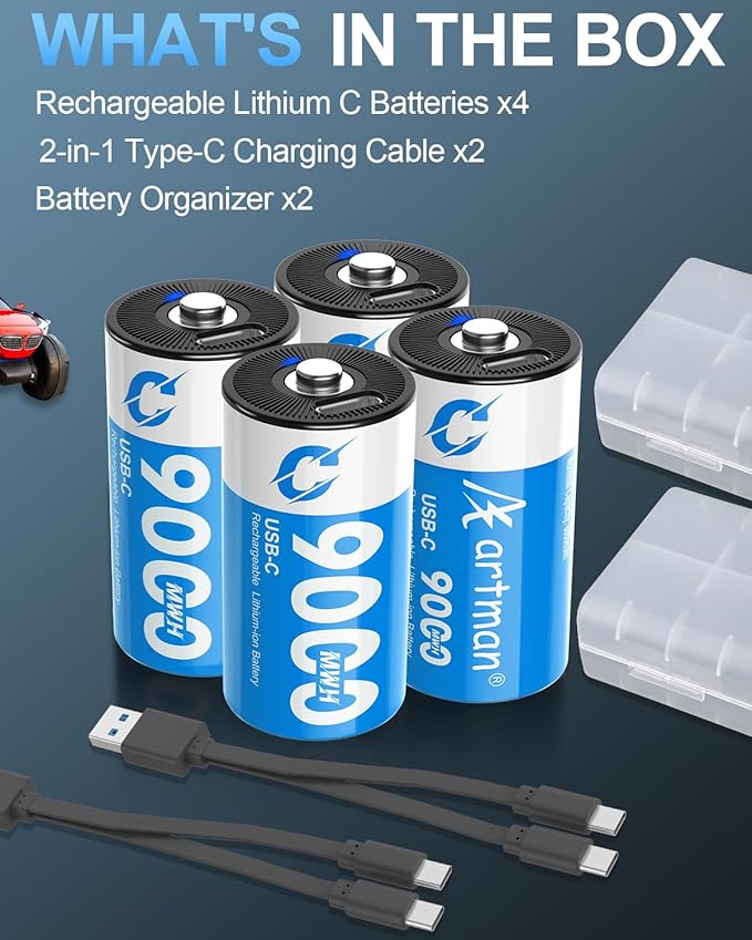 Artman Rechargeable Lithium C Batteries 4 Pack, 1.5V C Cell Batteries with 2 in 1 USB-C Charging Cable, 9000mWh High Capacity Size C Li-ion Battery for Floodlight Toys, Recharge up to 1200+ Cycles