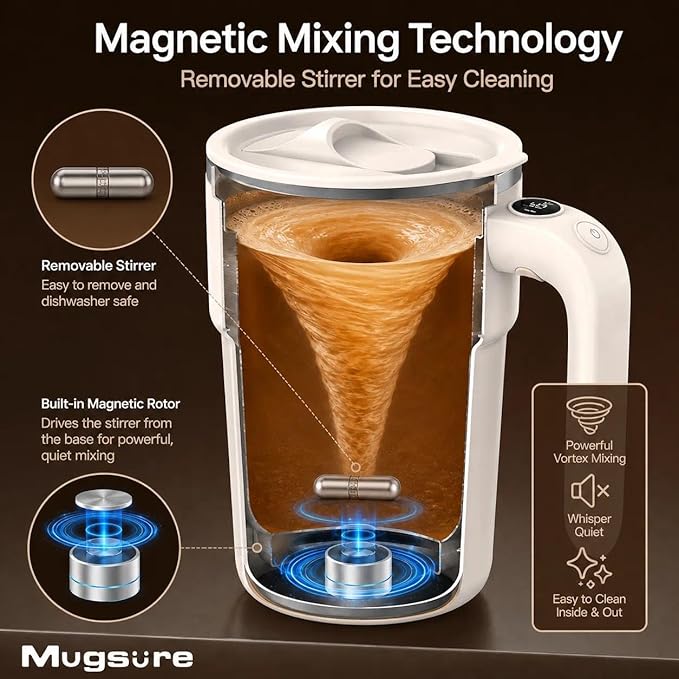 Self Stirring Coffee Mug, 12.5oz Magnetic Mixing Cup with Lid, USB Rechargeable Automatic Stirring Mug for Coffee, Creamer, Milk, Hot Chocolate & Matcha, Stainless Steel, Pearl White