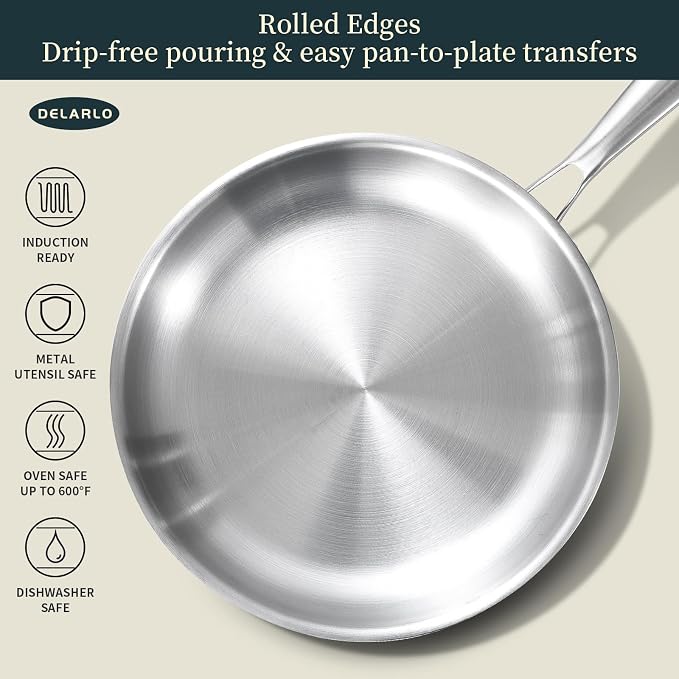 DELARLO Tri-ply Stainless Steel Frying Pan Set with Lid 8" 10" | Induction Large Skillets, Chef's Pan, Pots and Pans Set, PTFE & PFOA Free, Suitable for All Stove