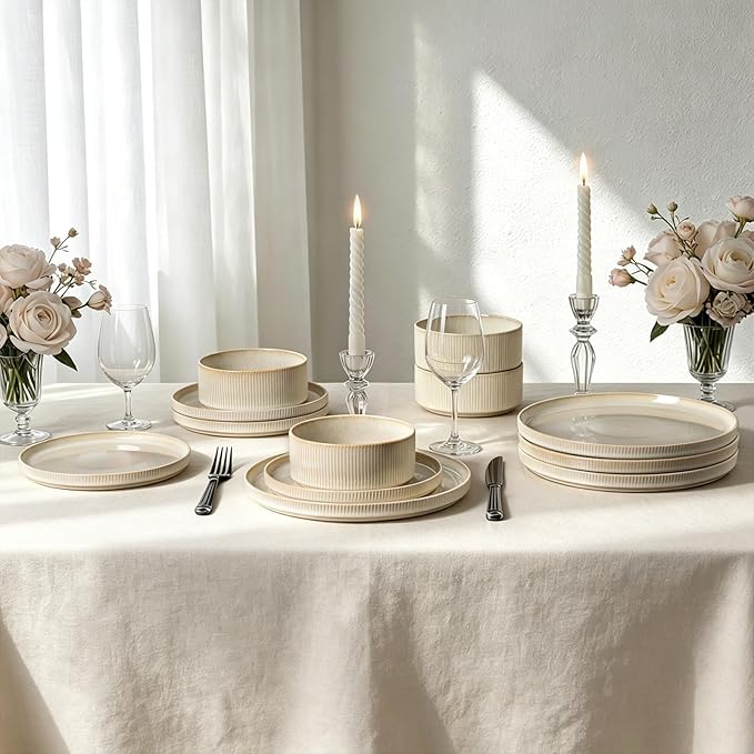 Stoneware Dinnerware Sets, Plates and Bowls Sets for 4, 12-Piece Ribbed Dishes – Chip & Scratch Resistant, Microwave and Dishwasher Safe Tableware, Beige