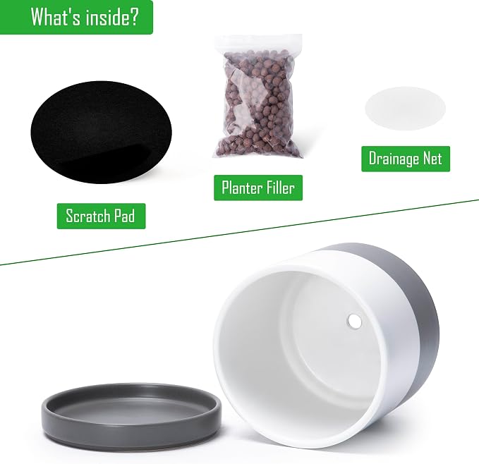 D'vine Dev 2-Pack Ceramic Pots with Saucers, White/Grey, 8.2 in, 94-V-D-6 | Modern Cylinder Design, Glazed Ceramic, Drainage Hole & Saucer Included, High Temperature Fired, Elegant Home Accent