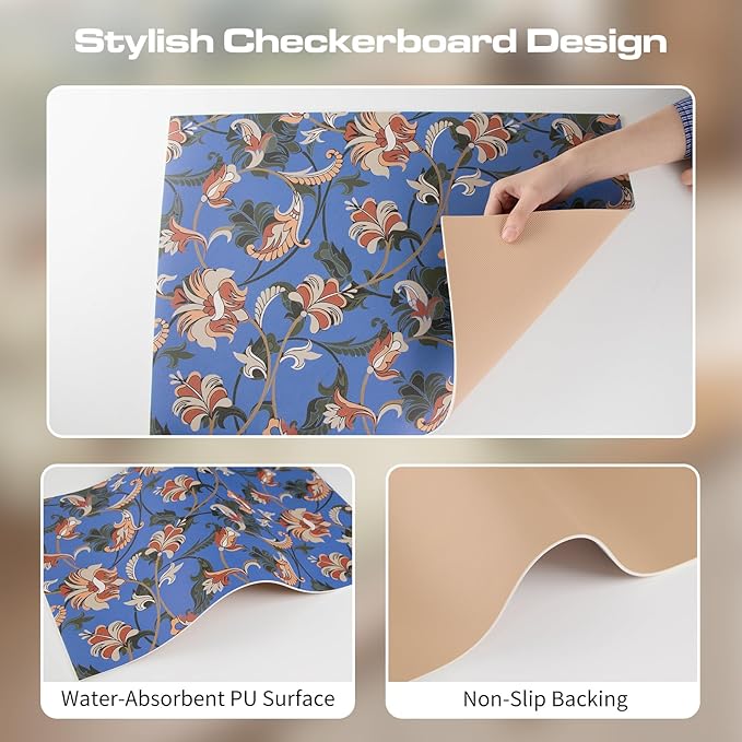 Vintage Floral Absorbent Coffee Bar Tea Mat Heat Resistant Drainer Mat with Non-slip Backed for Kitchen Counter Tableware Decor (Luxuriant Flowers,Navy)