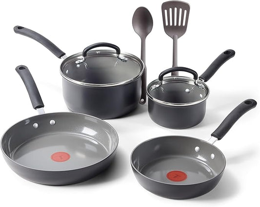 T-Fal Ultimate Hard Anodized Ceramic Nonstick 8 Piece Cookware Set, Oven Safe Up to 400°F, Dishwasher Safe, Pots and Pans Set, Includes Frying Pans, Saucepan, Cooking Utensils, Stone