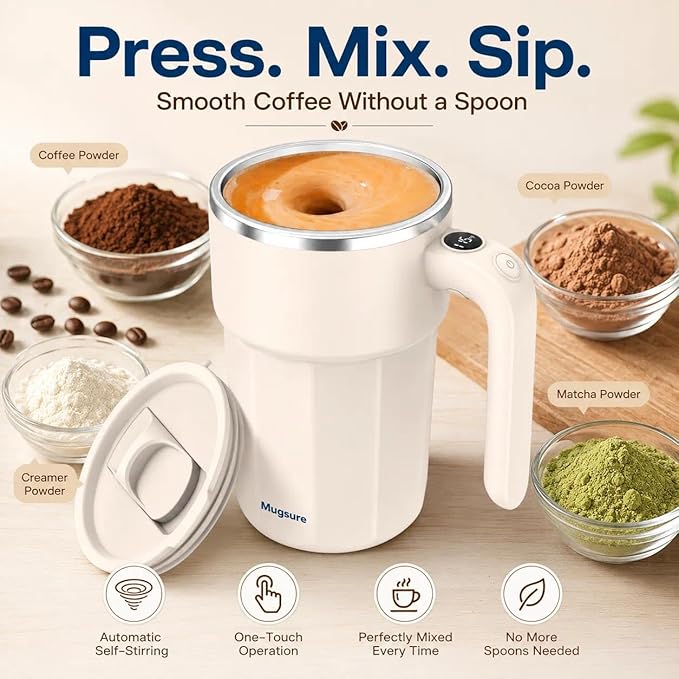 Self Stirring Coffee Mug, 12.5oz Magnetic Mixing Cup with Lid, USB Rechargeable Automatic Stirring Mug for Coffee, Creamer, Milk, Hot Chocolate & Matcha, Stainless Steel, Pearl White