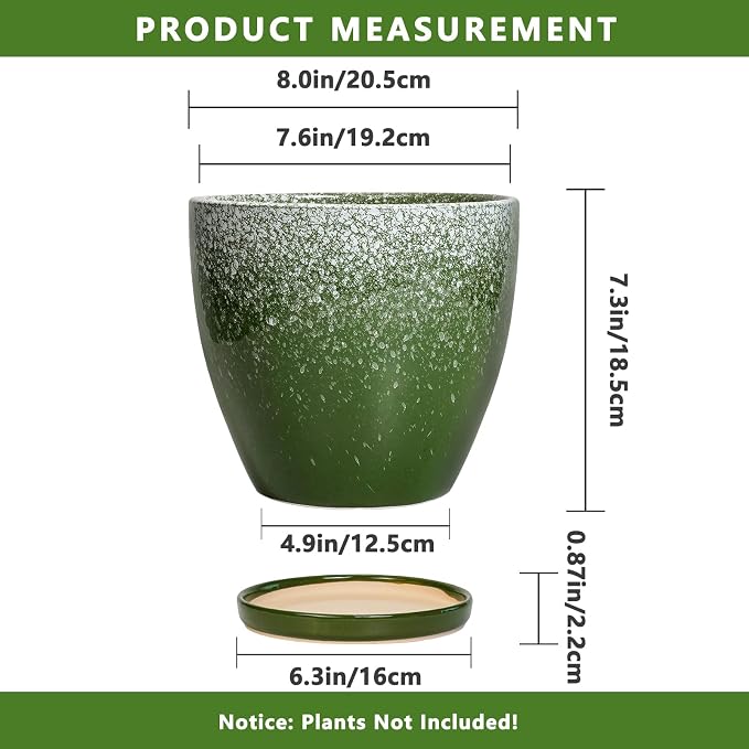 Ceramic Pots for Plants - 8 Inch Planter for Indoor Outdoor Plants, Round Planter, Large Flower Pot with Drainage and Saucer, Home Room Garden Office Decor, Birthday Gifts, Green