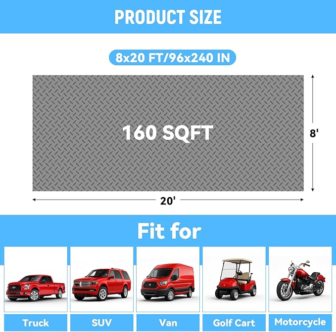 8x20 FT Garage Floor Mat, 2.8mm Thickened PVC Flooring Roll for Under Car, 160 SQFT Diamond Plate Gray Garage Mats for Garage, Warehouse, Basement, Gyms, Trailer（Included Tapes）