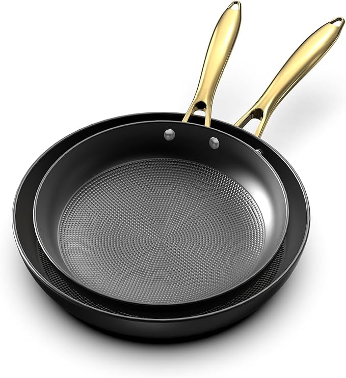 imarku Frying Pans, 10 & 12 Inch Cast Iron Skillets with Honeycomb Surface | Non Stick Frying Pans, Oven Safe & Induction Compatible, Ergonomic Stay-Cool Handle, Gold