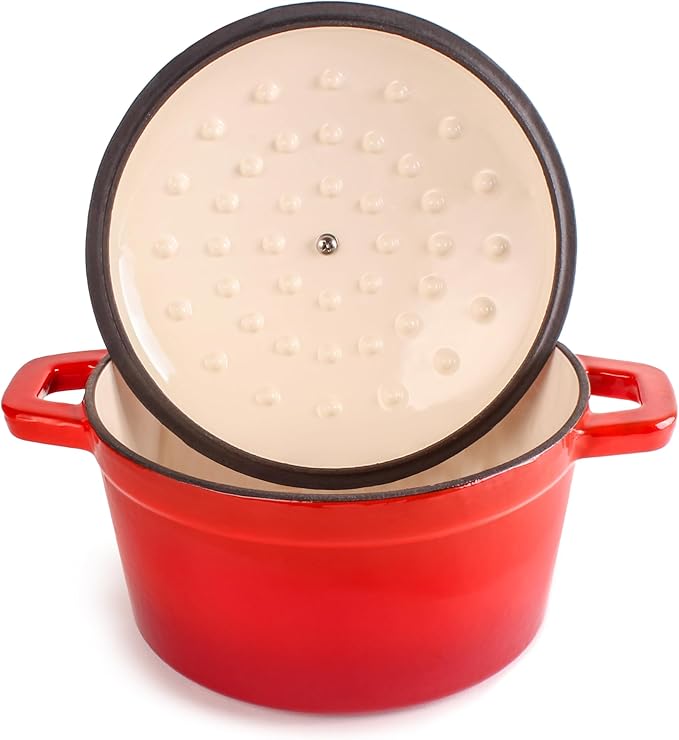 BergHOFF Neo 4Pc Enameled Cast Iron Cookware Set, Grill Pan 11 inches, Fry Pan 10 inches, 3qt. Dutch Oven, Matching Lid, Fast, Evenly Heat, Oven Safe (Red)