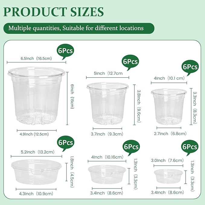 Bluepro Self Watering Pots for Indoor Plants, 4/5/6.5 Inch, 18-Pack | Clear Plastic, 6 Each of Three Sizes, Reservoir Trays and Wicks, Up to 7-Day Water Supply, Root and Water-Level Visibility