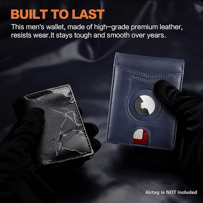 Wallet for Men Slim RFID Blocking Bifold Carbon Fiber,Minimalist Small Compact Front Pocket Credit Card Holder,Thin Mens Leather Wallets Smart Security With 2 ID windows 1 Cash (Oil Wax Blue)