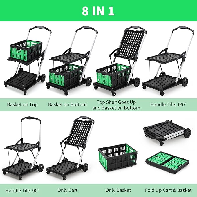 2-Tier Folding Shopping Cart with Wheels, Collapsible Grocery Cart with Removable Crate, Portable Shopping Trolley for Home, Groceries, Garden-Green
