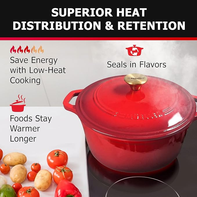 MUELLER HOME 4.5 QT Enameled Cast Iron Dutch Oven, Heavy-Duty Casserole Dish and Braiser Pan with Lid and Stainless Knob, Oven-Safe up to 500° F & Across All Cooktops, Red | Casserole Dish and Braiser Pan, Lid with Stainless Knob, Oven-Safe up to 500° ...