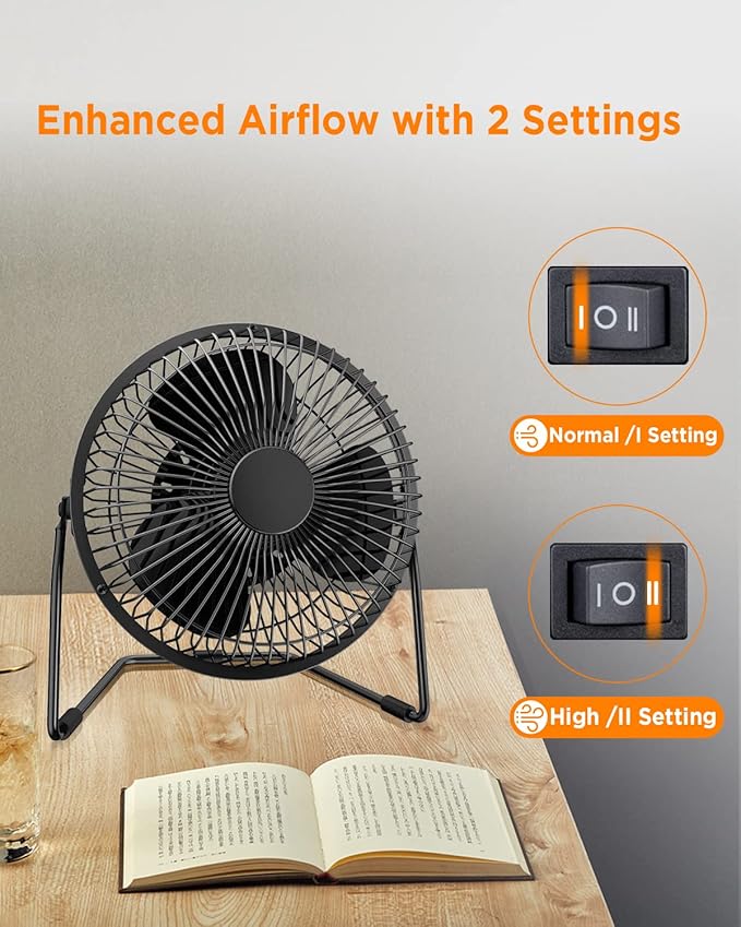 EasyAcc 5 Inch USB Desk Fan, Small USB Desk Fan, [Small Quiet Strong Airflow and 360° Rotating Personal Table Cooling Fan] USB Powered Portable Fan, 2 Speed（3.3~4.1 M/S Black (USB POWERED ONLY)