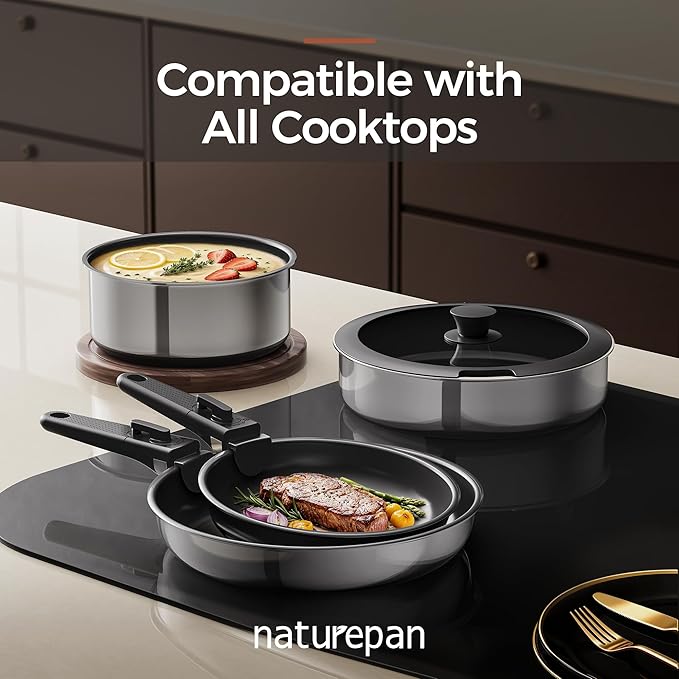 5pcs Nonstick Cookware Set, Diamond-Titanium Ceramic Coating & 3 Layer Stainless Steel Pots and Pans Set with Detachable Handle, Dishwasher Safe, Induction Compatible, Oven Safe, Black