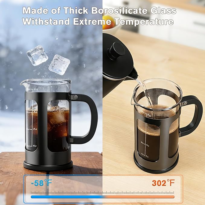 French Press Coffee Maker 34oz, Heat Resistant Thickened Glass Stainless Steel Brewer, No Plastic Touching Cafe, 4-Level Filtration, Cold Brew Cafe/Tea Pot for Kitchen Camping Travel, Gifts, Bar