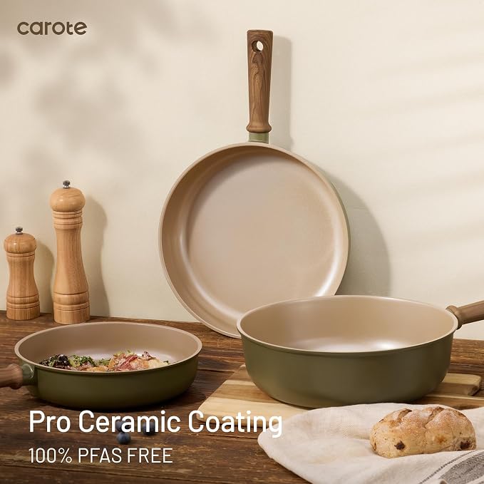 CAROTE 21pcs Ceramic Cookware Set, Pots and Pans Set, Green | Non-Toxic Healthy Kitchen Cooking Set, Easy Clean, Even Heating, Fit All Stovetops, with Silicone Lids, PFAS FREE