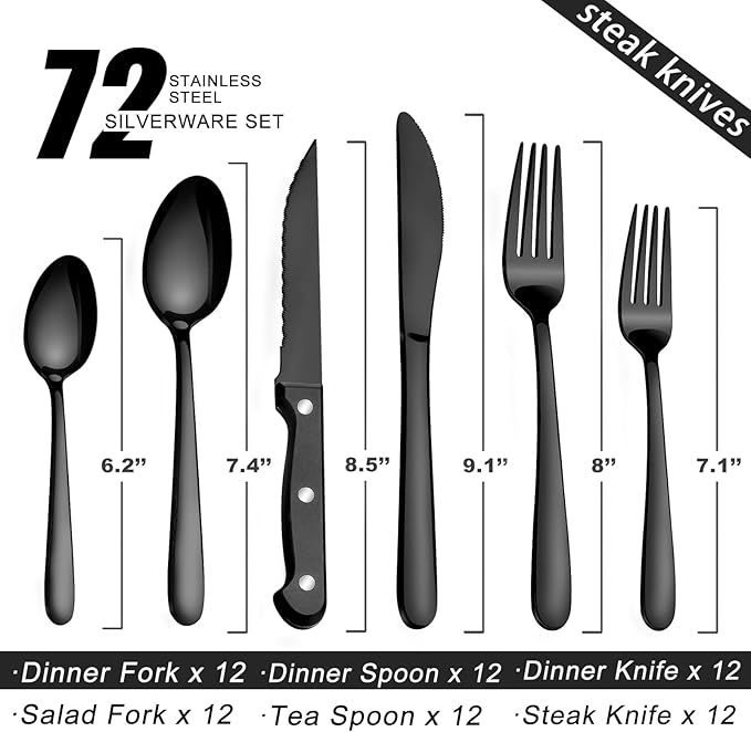 Pleafind 72Pcs Black Silverware Sets for 12 - Dishwasher Safe, Flatware Set with Steak Knives, Stainless Steel Cutlery Set, Include Forks Spoons and Knives Set, Utensil Sets for Home Restaurant