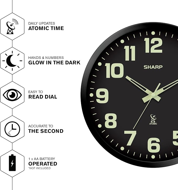 Sharp Glow in the Dark Atomic Analog Wall Clock - 12" Clock with Black Frame - Sets Automatically - Battery Operated - Easy to Read - Easy to Use – See Day or Night!