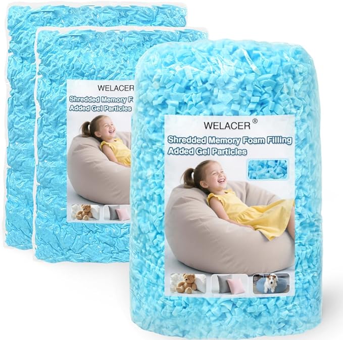 Welacer Bean Bag Filler, 15lbs Blue Shredded Memory Foam Filling for Pillows, Couch Cushion, Stuffed Animals, Dog Bed, Arts Crafts, Pack of 3