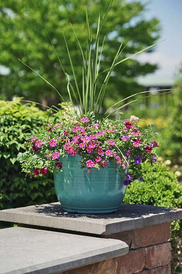 Garden Elements Indoor/Outdoor Glazed Brushed Happy Plastic Planter, Large, Dark Aqua, 15" (Pack of 2)