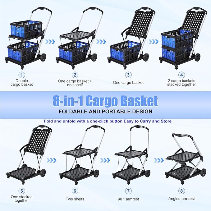 Collapsible Shopping Cart with Wheels, Heavy Duty Grocery Cart with 2 Storage Crates, Two Tier Portable Utility Carts Shopping Trolley for Picnic, Supermarket, Office,Warehouse 2026 Upgraded (Blue)