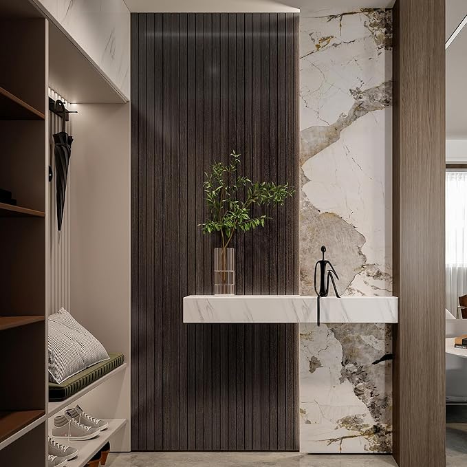 YLL YLL PVC Slat Wall Panel Peel and Stick 236"x 15.7" Faux Smoked Wood Grain Slat Panel Self-Adhesive Wallpaper Soundproof 3D Wall Panels