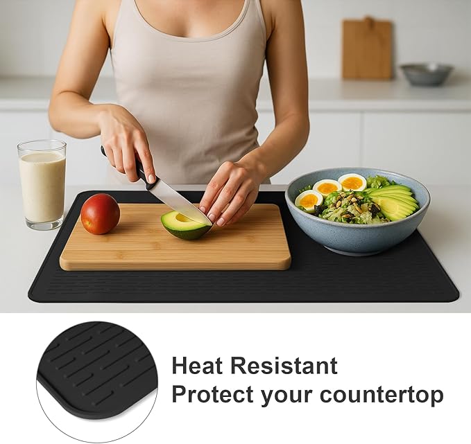 Stove Top Cover for Electric Stove - Food Grade Ceramic Stove top Cover, Silicone XXL Dish Drying Mat, Glass Cooktop Covers, Flat RV Range top Mats (Black Thickened,28x20)