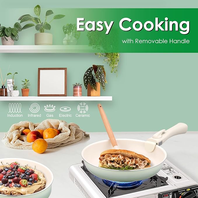 ONGIFT 20pcs Ceramic Cookware Set Nonstick, Detachable Handle Pots and Pans Set, Non Toxic,No PFAS & PTFE & PFOA, Dishwasher/Oven Safe, RV Kitchen Set Removable Handle for Cooking, Green