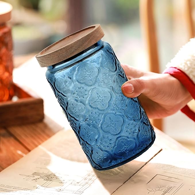 Glass Jar with Lid, Vintage Glass Storage Jars with Airtight Lid Coffee Canister Sugar Container for Kitchen Counter Pantry, Spice, Candy, Coffee Beans, Tea, Oats (34FL OZ Begonia Blue)