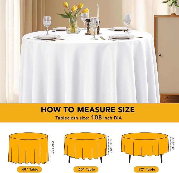 6-Pack White Round Tablecloths, 108 Inches, Stain-Resistant Polyester for 4-5 Ft Round Tables - Washable Table Covers for Weddings, Banquets, Birthday Parties, Events