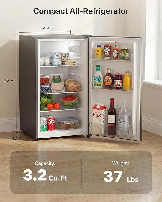 Upstreman 3.2 Cu.Ft All-Refrigerator Mini Fridge, Single Door Small Refrigerator, Dorm Fridge with 7 Adjustable Thermostat, Compact Refrigerator for Office, Bedroom or Dorm, Gray-CR32