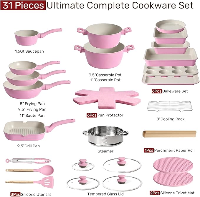 Kikcoin Pots and Pans Set Non Stick 31 Piece Kitchen Nonstick Cooking Cookware Sets with Grill Pan Saucepan Baking Sheet Utensil, Pink