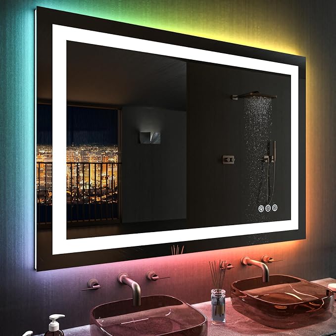 LOAAO 48"X36" RGB LED Bathroom Mirror with Lights, Anti-Fog, Dimmable, Lighted Bathroom Vanity Mirror, Multiple Light Modes, RGB Backlit + Front Light, Memory Function, Tempered Glass, ETL Listed