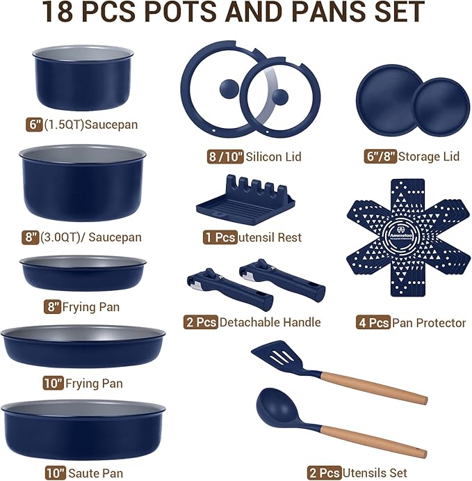Ammeloo 18-Piece Ceramic Pots and Pans Set Non Stick, Non Toxic Cookware Set with Removable Handles, Pot Sets for Cooking, Induction Ready, Dishwasher & Oven Safe, PFAS PFOA & PTFE Free (Navy Blue)