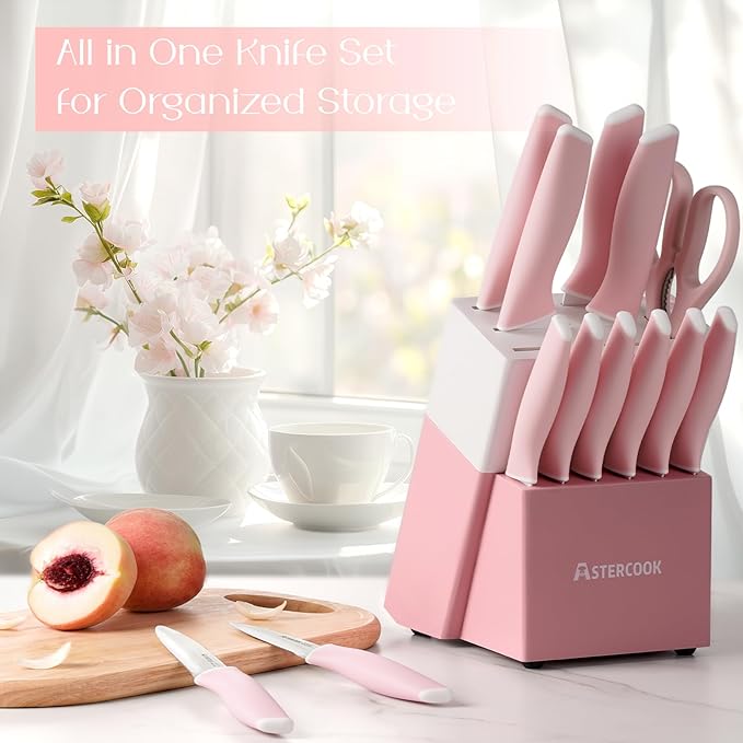 Astercook Knife Set, Kitchen Knives Set with Block and Sharpener 15 Pcs German Stainless Steel Knives Sharp Blade Dishwasher Safe Deba Knives with Ergonomic Handle, Crystal Pink Mothers Day Gifts