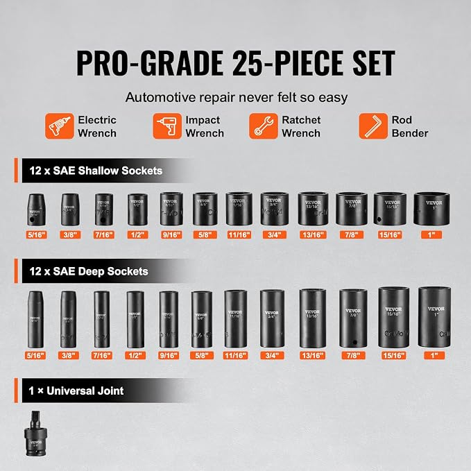 VEVOR 3/8" Drive Impact Socket Set, 25 Piece Deep & Shallow Socket Set SAE 5/16" - 1", 6 Point Cr-Mo Alloy Steel for Auto Repair, Easy-to-Read Size Markings, Rugged Construction, Includes Storage Case