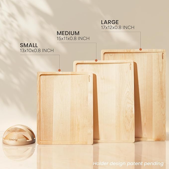 SMIRLY Wood Cutting Boards for Kitchen Wooden Chopping Board Set Reversible with Deep Juice Grooves Grip Handles, Large Charcuterie Tray for Home Kitchen, Natural Birch, 3Pcs with Holder