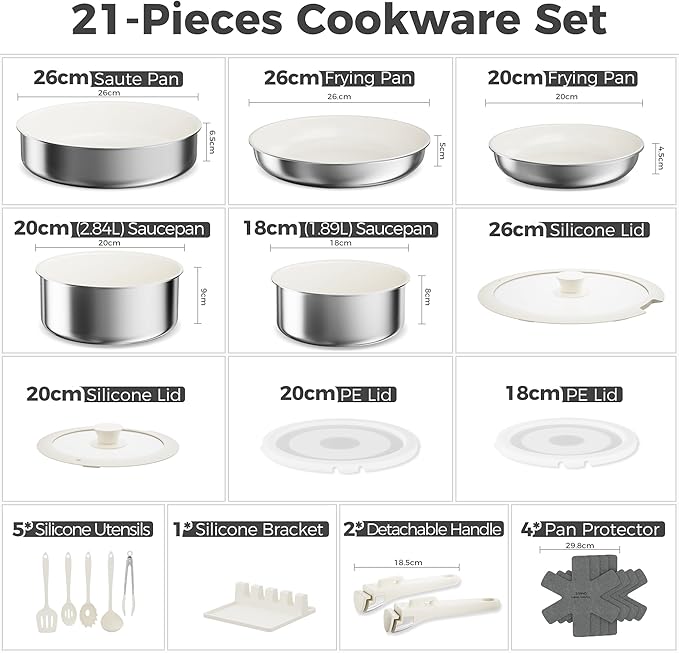 Sanho 21-Piece Pots and Pans Set, Healthy Ceramic Nonstick Cookware with Detachable Handles, Non-Toxic 4-Layer Stainless Steel & Aluminum Core, Induction RV Kitchen Set, Dishwasher & Oven Safe