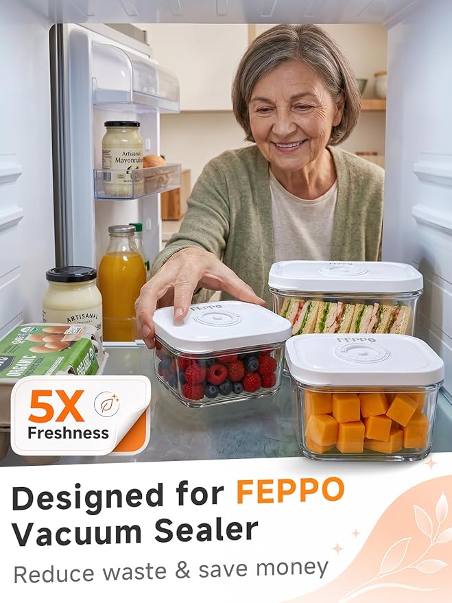 FEPPO Vacuum Sealers Containers for Food Storage, 3 Pcs Set [1* Small, 1* Medium, 1* Large] Works with Handheld Compact Vacuum Sealer Machine for Fridge, Freezer & Pantry, BPA-Free, Date Tracking Lid