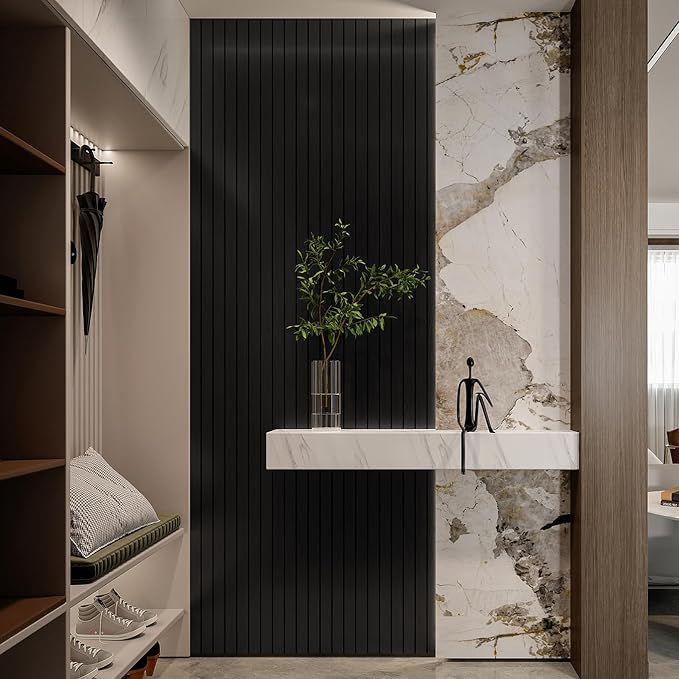 YLL YLL PVC Slat Wall Panel Peel and Stick 118"x 15.7" Faux Black Wood Grain Slat Panel Self-Adhesive Wallpaper Soundproof 3D Wall Panels