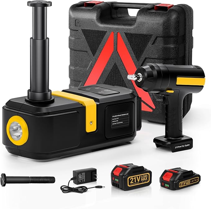 Powerful Electric car Jack and Stand kit - Cordless Hydraulic car Jack Lift with LCD Touch Screen, Lithium Battery & Portable Impact Wrench for Effortless Vehicle Emergencies