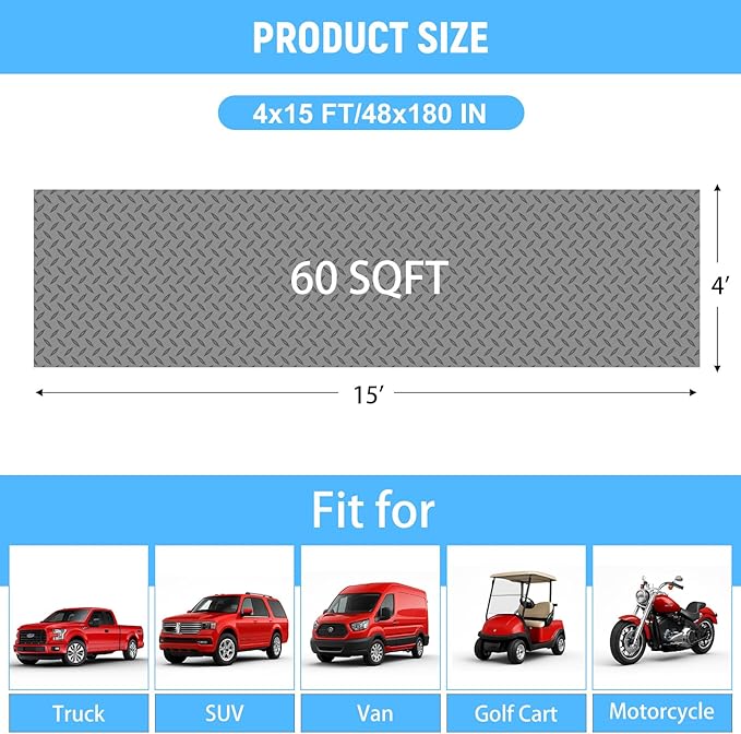 4x15 FT Garage Floor Mat, 2.8mm Thickened PVC Flooring Roll for Under Car, Golf Cart Parking Mat, Diamond Plate Gray Motorcycle Mat for Warehouse, Basement, Gyms, Trailer（Included Tapes）