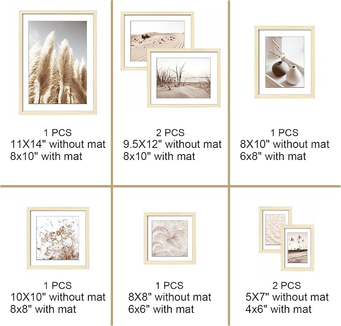 ArtbyHannah Gallery Wall Frame Set, 8 Pack Picture Frames Collage Wall Decor with Neutral Pampas Grass Art for Living Room, Assorted Size Including 11"x14", 8"x10", 5"x7"(Beige Frame)